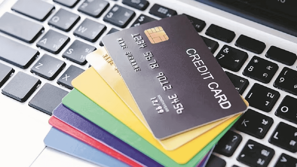 Credit cards on laptop keyboard