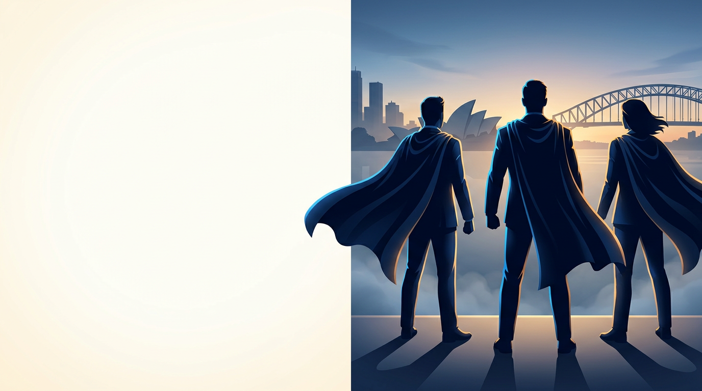Faceless Business Avengers silhouettes overlooking Sydney Harbour