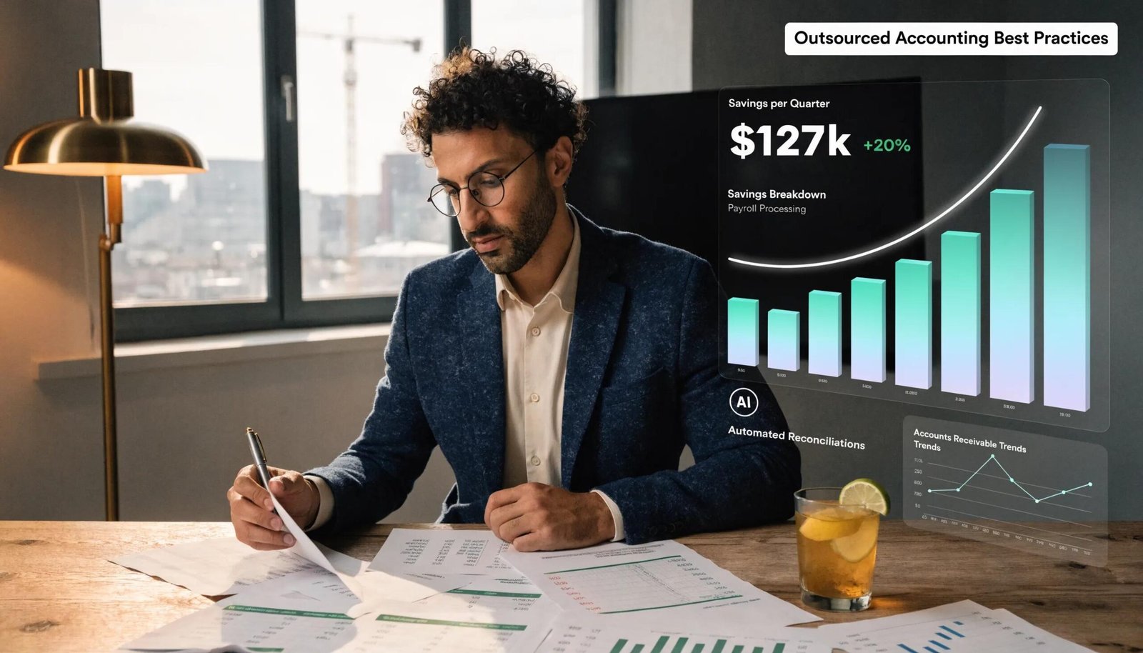 Business professional analyzing financial savings from outsourced accounting solutions during a presentation
